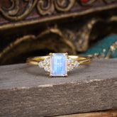 1CT Emerald Cut Moonstone Classic Side Stone Engagement Ring